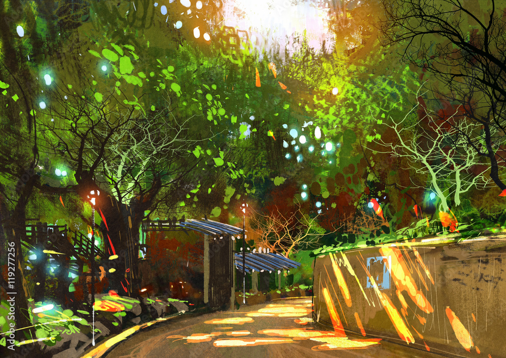Naklejka premium walkway in green park with sunlight,illustration painting
