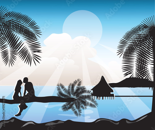 Summer Beach view Card Vector. Romantic Couple and Palm Trees silhouette photo