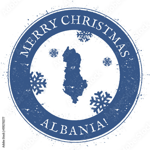 Albania map. Vintage Merry Christmas Albania Stamp. Stylised rubber stamp with county map and Merry Christmas text, vector illustration.