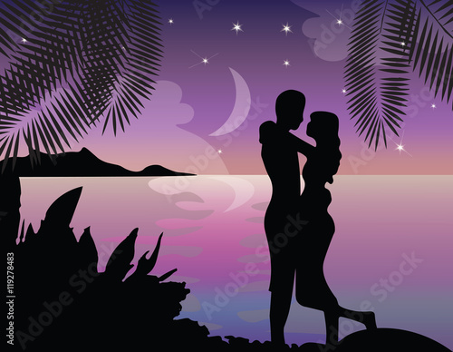 Summer Beach view Card Vector. Romantic Couple and Palm Trees silhouette photo