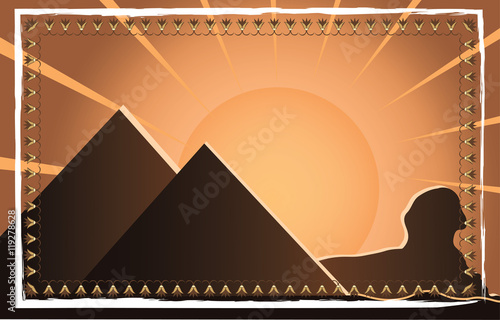Egyptian pyramids at sunset with bright sun Vector illustration