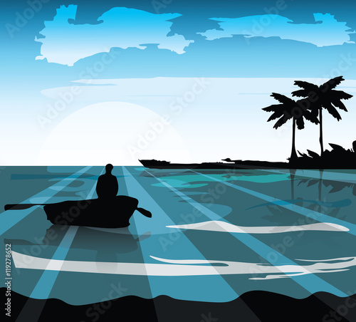 Sea island shore. Palm leaves on foreground Vector illustration. Sea waves in...