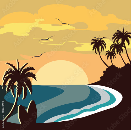 Summer Beach Sunset with palms Vector illustration