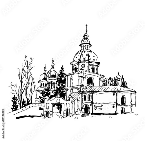 black and white sketch drawing of Vydubychi monastery in Kyiv Uk