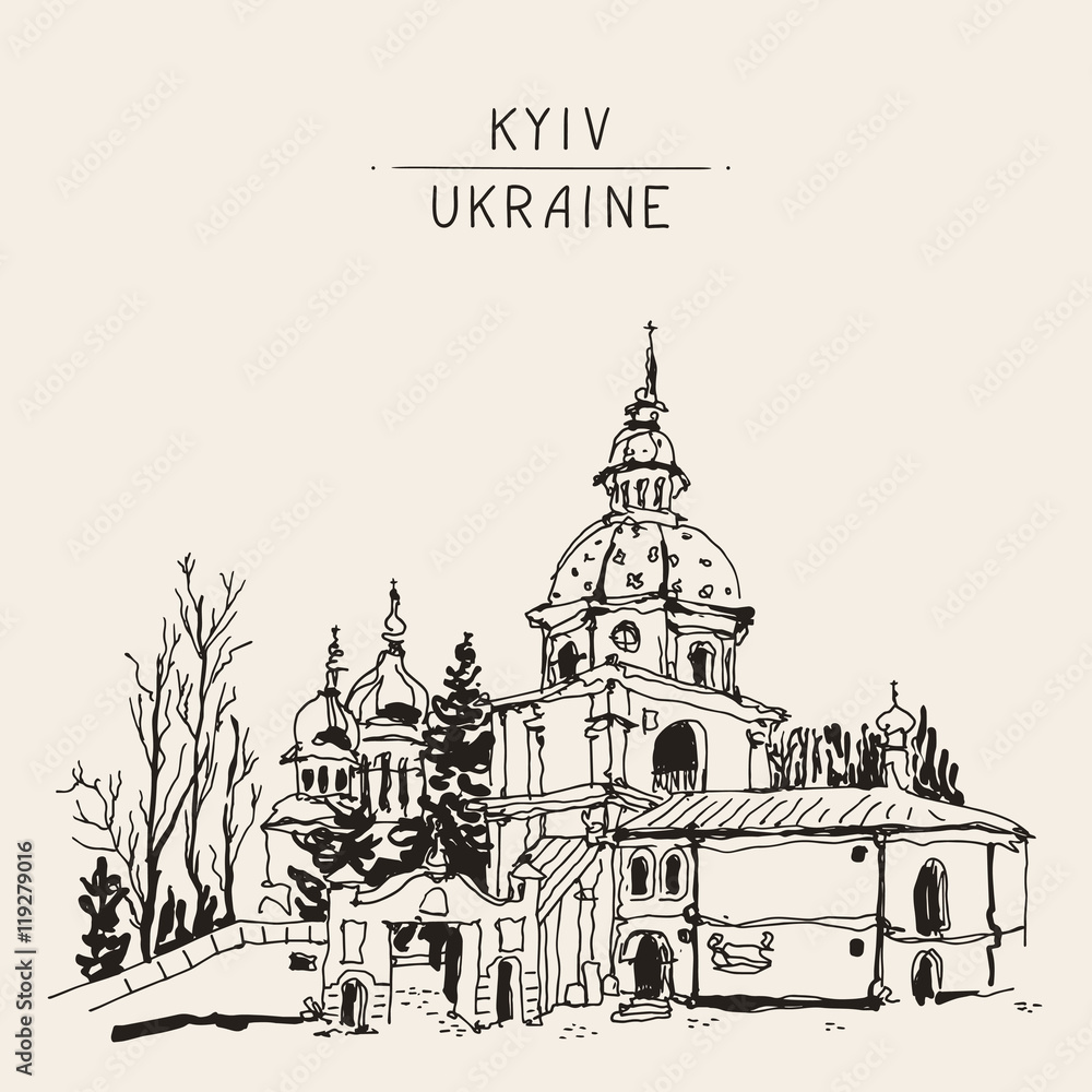 sketch drawing of Vydubychi monastery in Kyiv Ukraine, sketching