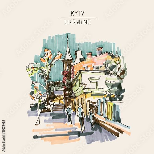 original hand draw marker sketch of Kyiv building landscape