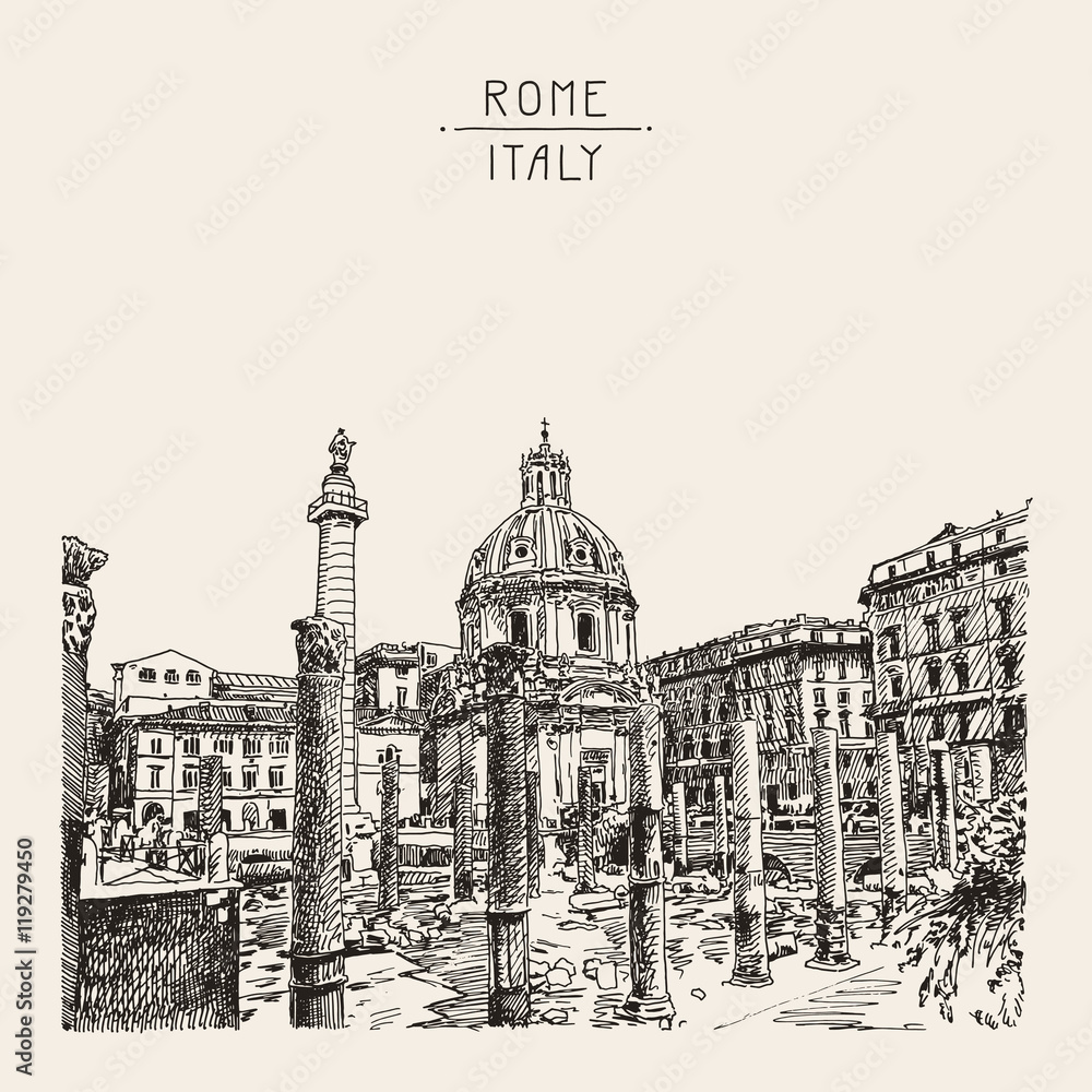 original sketch hand drawing of Rome Italy famous cityscape, tra
