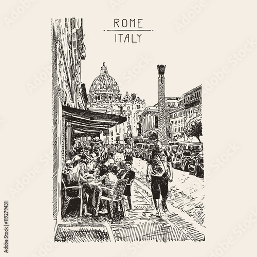 original sketch hand drawing of Rome Italy famous cityscape, tra