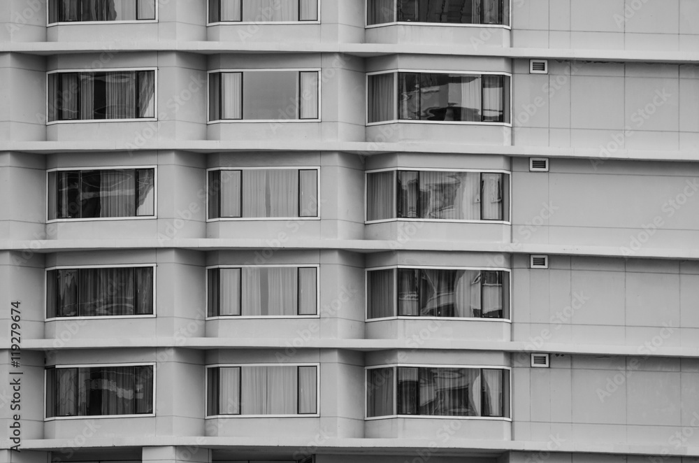 Office building windows, black and white image