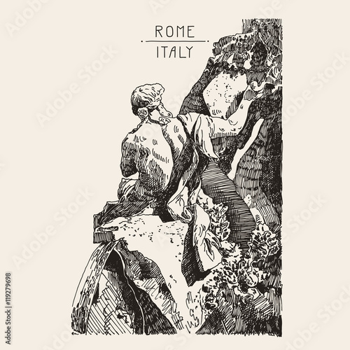 sketch hand drawing of marble sculpture in Piazza Navona, Founta