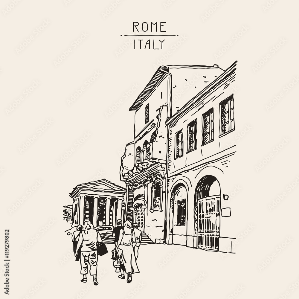 digital drawing of Rome street, Italy, old italian imperial buil