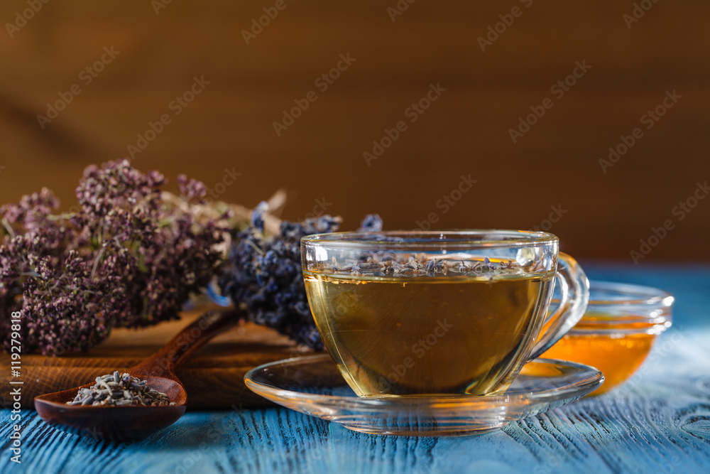 Composition with cup of tea and bowls of tea leaves. Composition with cup of tea and bowls of tea leaves.