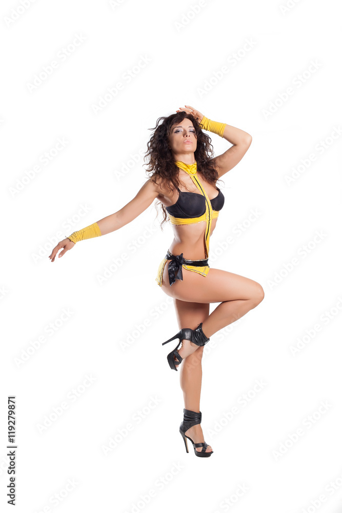 Go Go dancer isolated on white. beautiful model in a sport dancing suit