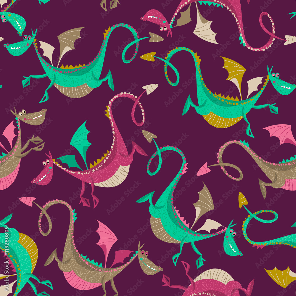 Obraz premium Seamless pattern with multi-colored funny Dragons. Background for cards and invitations. Vector illustration