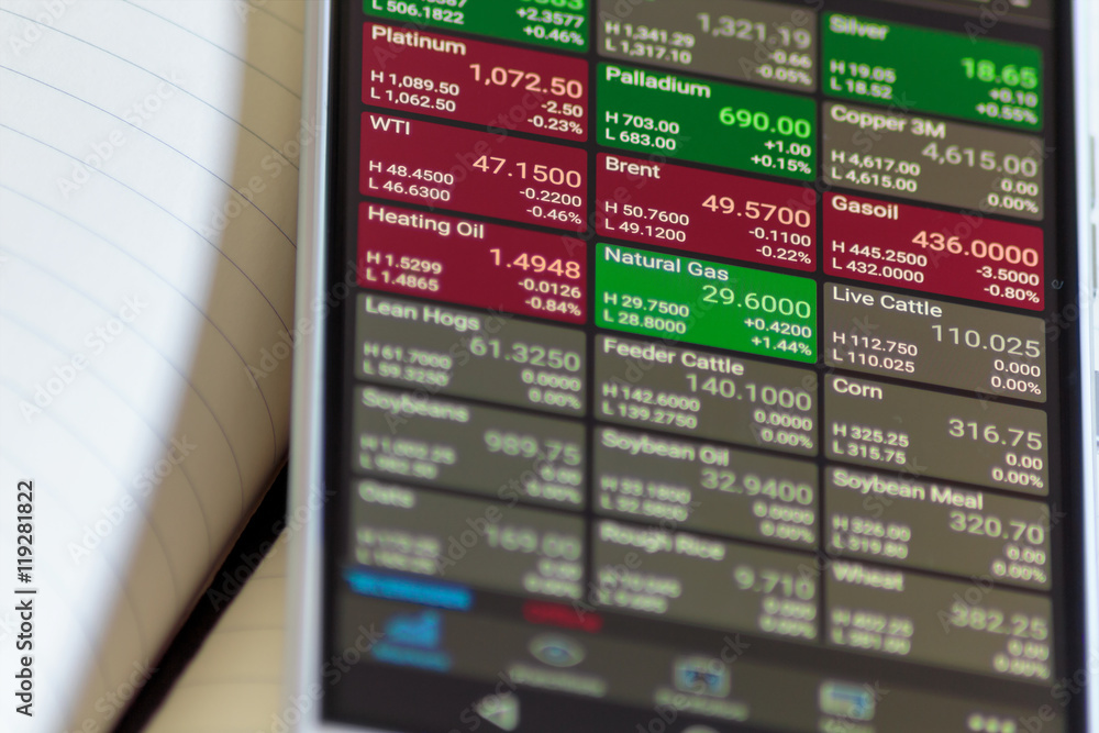 Obraz premium Stock market on smart mobile phone. Mobile phone on the notebook