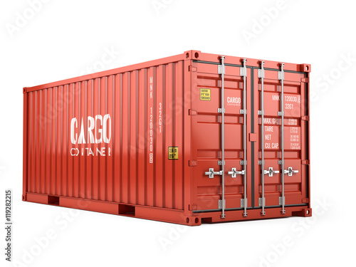 3d rendering of Red cargo shipping container against a white background
