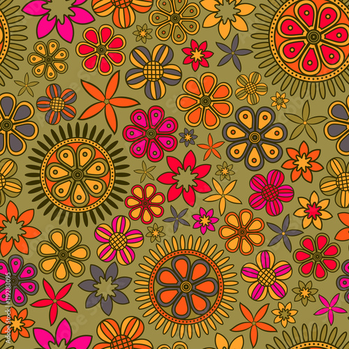 Seamless green pattern with different colours flowers