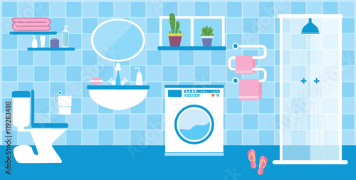 Toilet and bathroom interior with furniture in blue colors