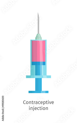 Contraceptive method - injection. Medical syringe with liquid. Female hormonal contraception. Planning pregnancy. Symbol of medical birth control. Vector flat illustration.