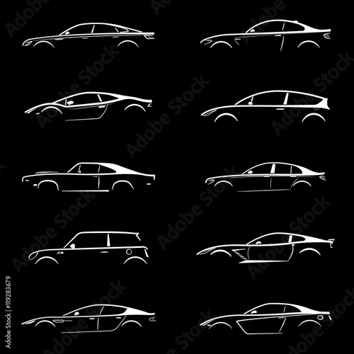 Concept supercar, sports, sedan car and muscle car, motor vehicle silhouette collection set on black background. Vector illustration..Part  №2.