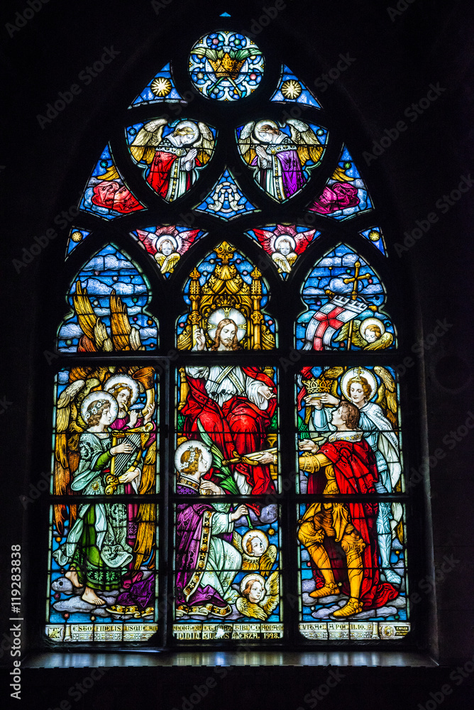 stained glass window in St. Michael's Church in Cluj-Napoca city in Romania