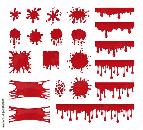 Collection of blood drops and stains. Vector set of blots, splash liquid and smudges. Abstract red splatter isolated on white background.