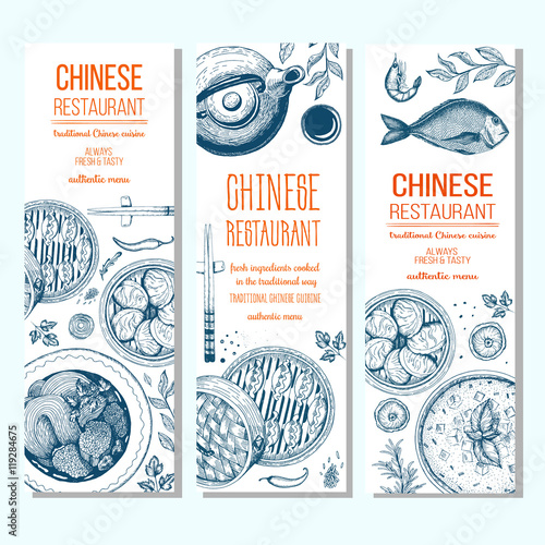 Asian food banner set. Vector illustration of chinese food banner collection. Linear graphic