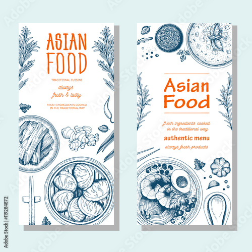 Asian food banner set. Asian food flyer collection. Linear graphic