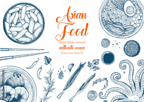 Asian food frame. Linear graphic. Vector illustration