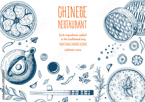 Asian food frame. Linear graphic. Vector illustration