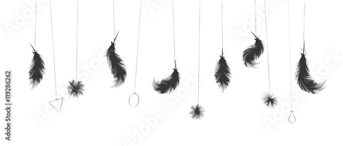 Boho style hanging feathers and pompoms. isolated on white. Illustration. Vector.