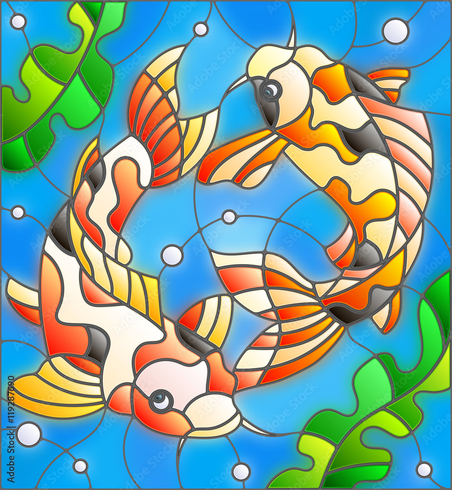 Fototapeta Illustration in stained glass style with a pair of carps on the background of water and algae