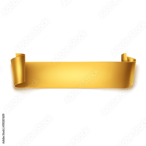 Gold detailed curved ribbon isolated on white background. Curved paper banner.