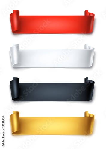 Set of colorful detailed curved ribbons isolated on white background. Curved paper banners.