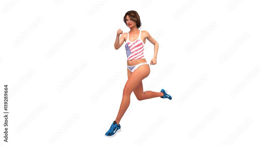 Girl in american flag costume running, athlete jogging on white background