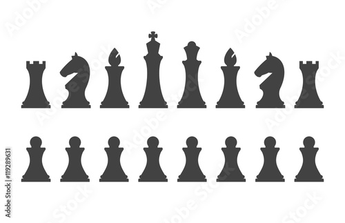 Set chess pieces isolated on white background. Chess pieces including the king, queen, bishop, knight, rook and pawn in flat style.