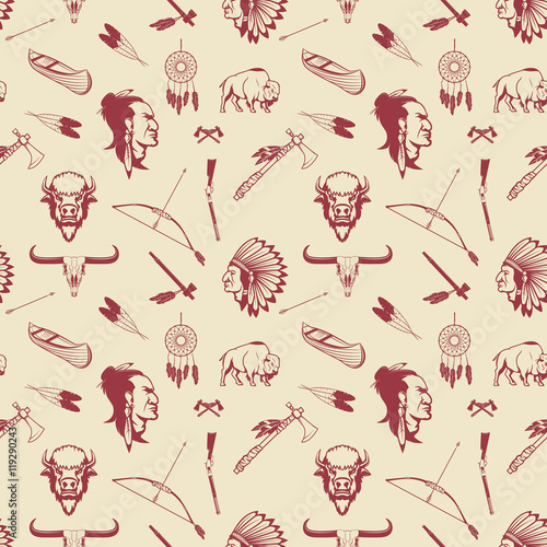 Seamless pattern with american Indian heads, weapon.