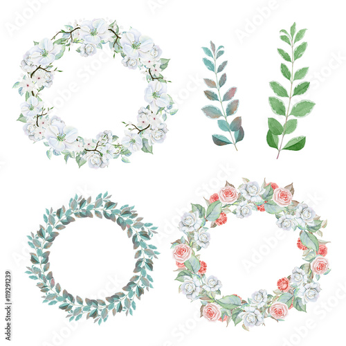 Watercolor flower wreaths and sprigs