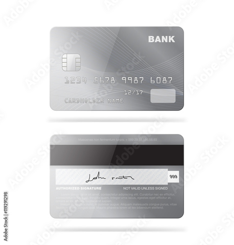 Set of credit cards isolated on white background. Detailed vector illustration. Front and back side. Ready for your design.