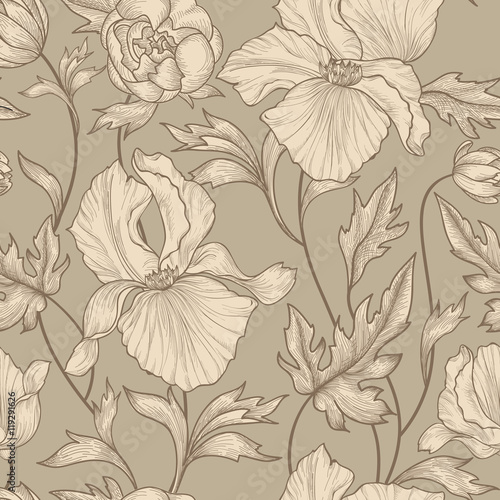 Floral seamless pattern. Flower background. Floral ornamental engraving with iris flowers. Spring flourish garden