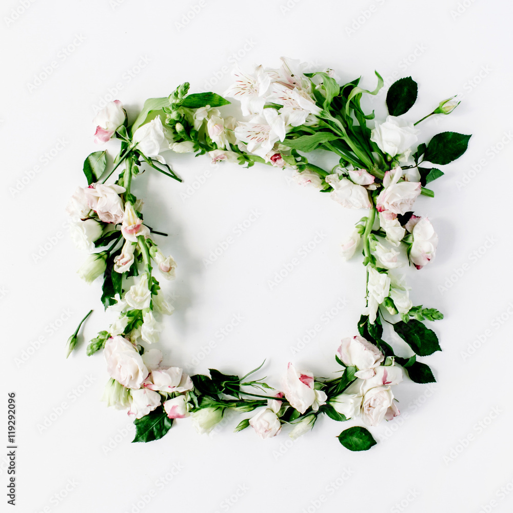 round frame wreath pattern with roses, pink flower buds, branches and leaves isolated on white background. flat lay, top view round frame wreath pattern with roses, pink flower buds, branches and leaves isolated on white background. flat lay, top view