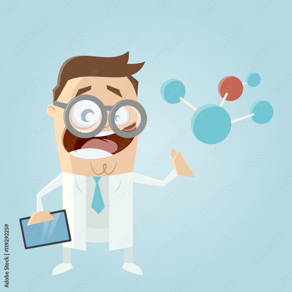 funny cartoon scientist with molecule and tablet funny cartoon scientist with molecule and tablet