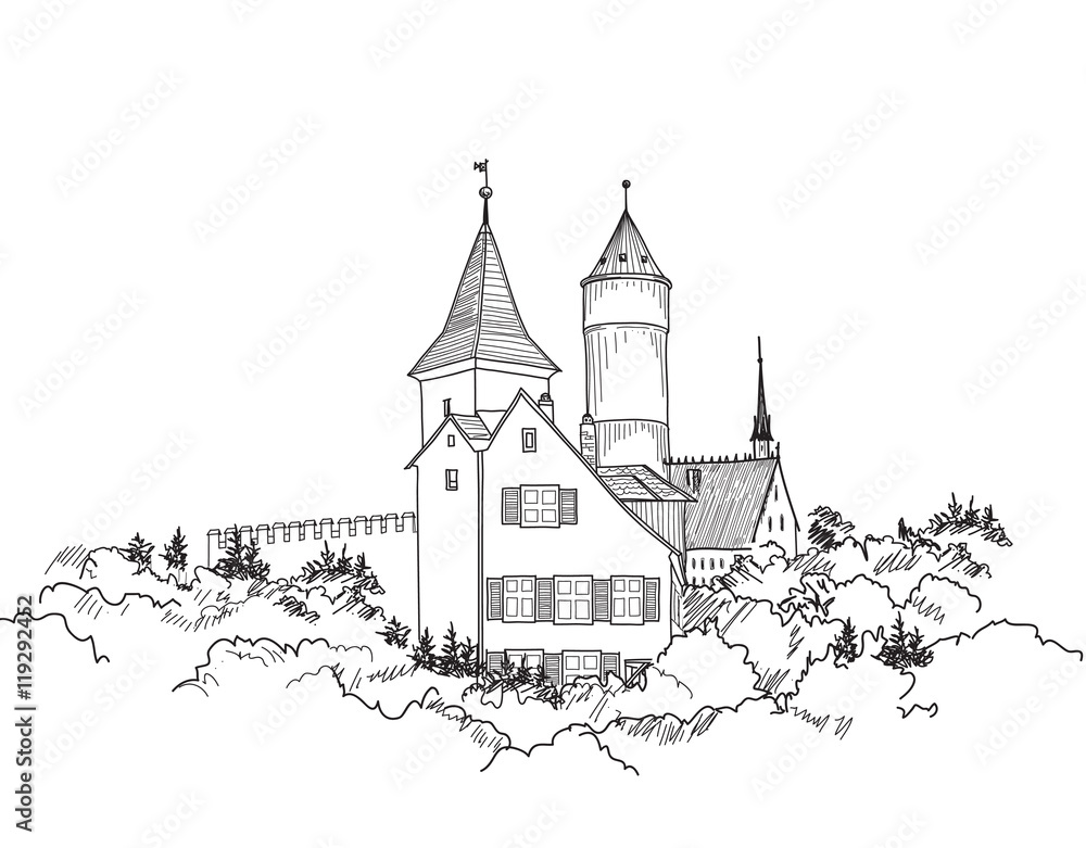 Castle landscape. Sketch of Medieval european ancient building with tower