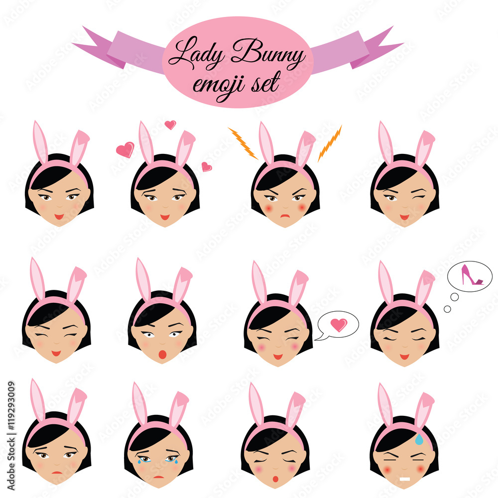 Cute kawaii sexy girl with bunny ears emoji set. Woman face emoticons
