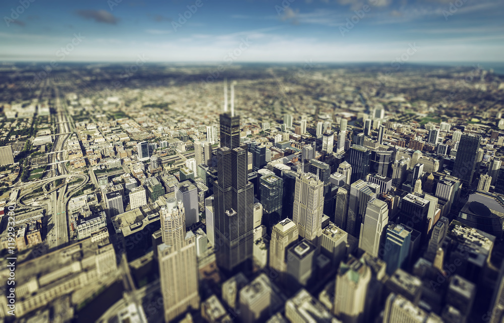 Chicago downtown skyscrapers overhead view.
Tilt shift effect