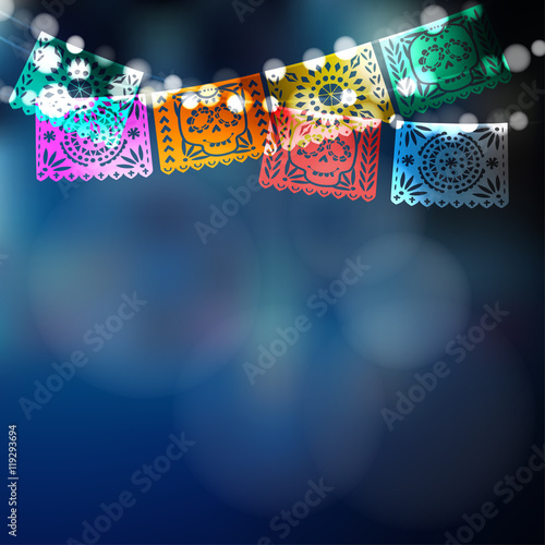 Dia de Los Muertos, Mexican Day of the Dead card, invitation. Party decoration, string of lights, handmade paper flags, skulls