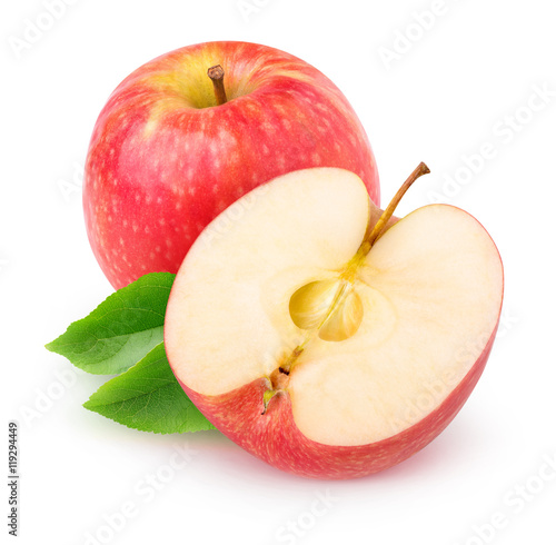 Isolated cut red apple over white background with clipping path