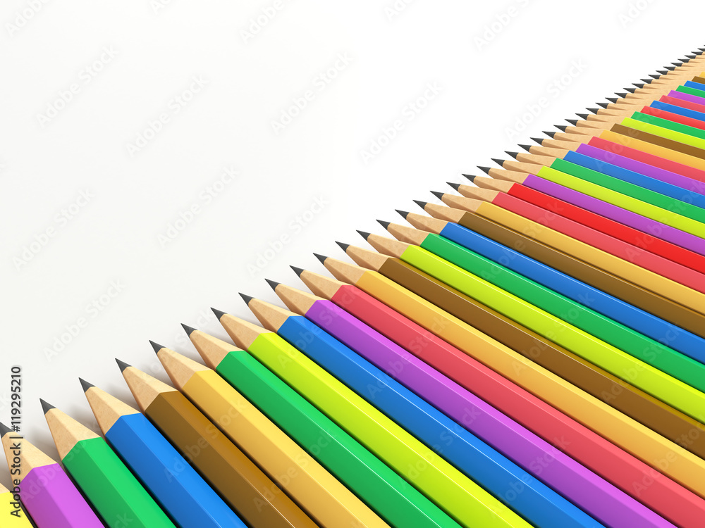 Color pencils isolated on white background close up. Colored style perspective view with free copy space for design or text. Back to school theme. 3d illustration Color pencils isolated on white background close up. Colored style perspective view with free copy space for design or text. Back to school theme. 3d illustration