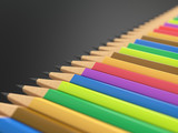 Color Pencils isolated on Black Background close up with selective focus. Colored style perspective view with free copy space for design or text. Back to school theme. 3d illustration