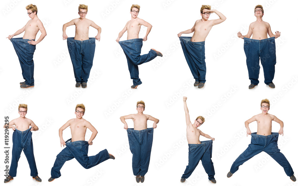 Obraz premium Funny man with trousers isolated on white